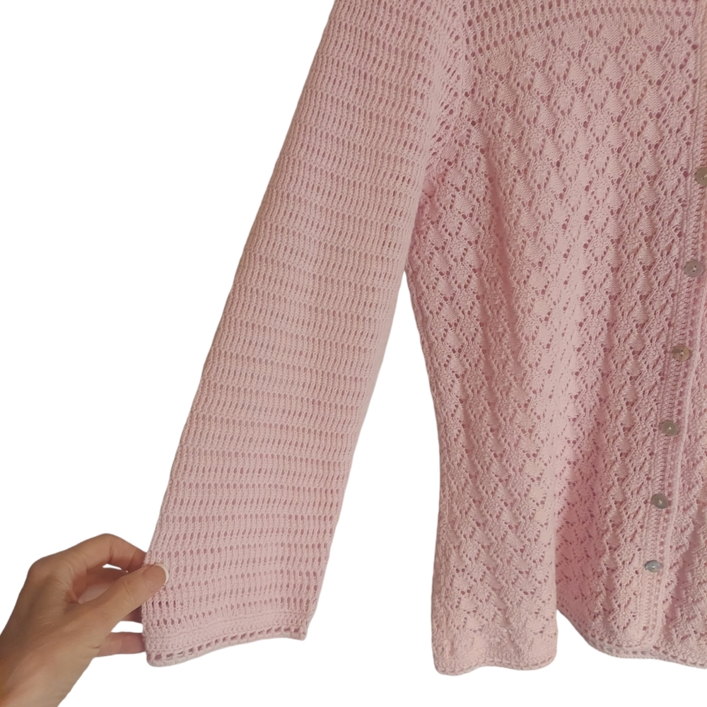 LL Bean Baby Pink Crochet 3/4 Sleeve Cardigan Linen/Cotton Size M EUC - Picture 3 of 6